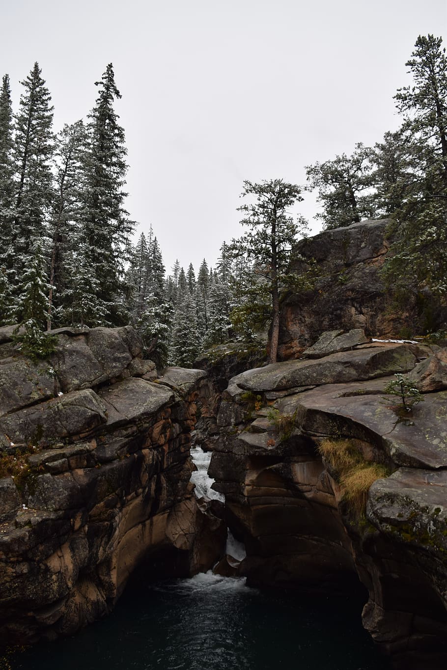 Photo of Rocky Mountains and Pine Trees, boulders, cascade, conifers HD wallpaper