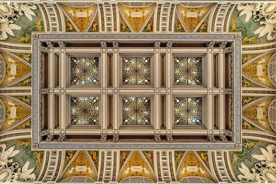 Ornate skylights and decoration of the ceiling of the Library of Congress in Washington DC.