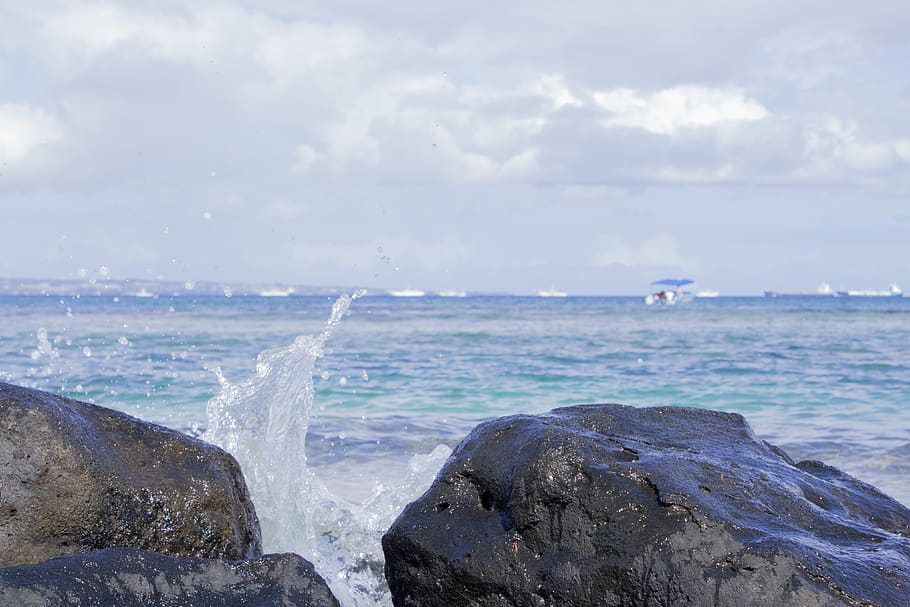 sea, waves, rocks, sky, beach, boat, water, cloud - sky, beauty in nature HD wallpaper
