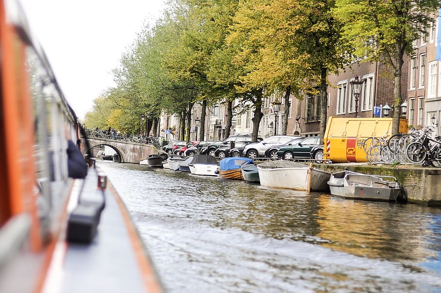 amsterdam, netherlands, boat, trees, europe, river, canals HD wallpaper
