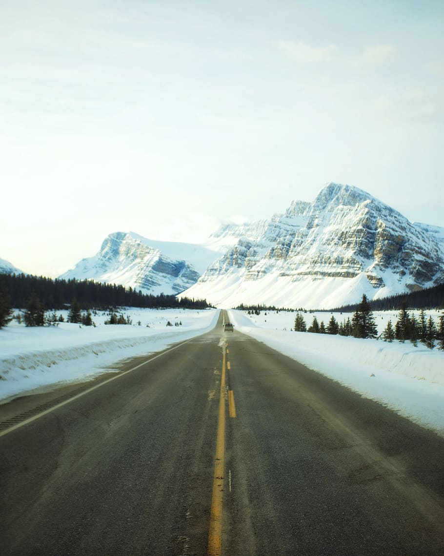road leading towards snowy mountain, transportation, cold temperature HD wallpaper