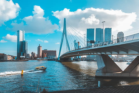 rotterdam, erasmusbrug, netherlands, teal and orange, erasmusbridge HD wallpaper