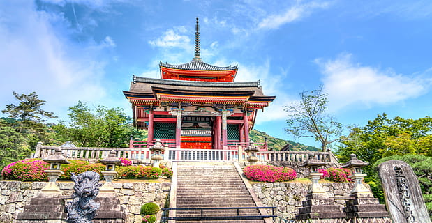 Red Black and White Building Structure Surrounded by Trees Under White Clouds during Daytime HD wallpaper