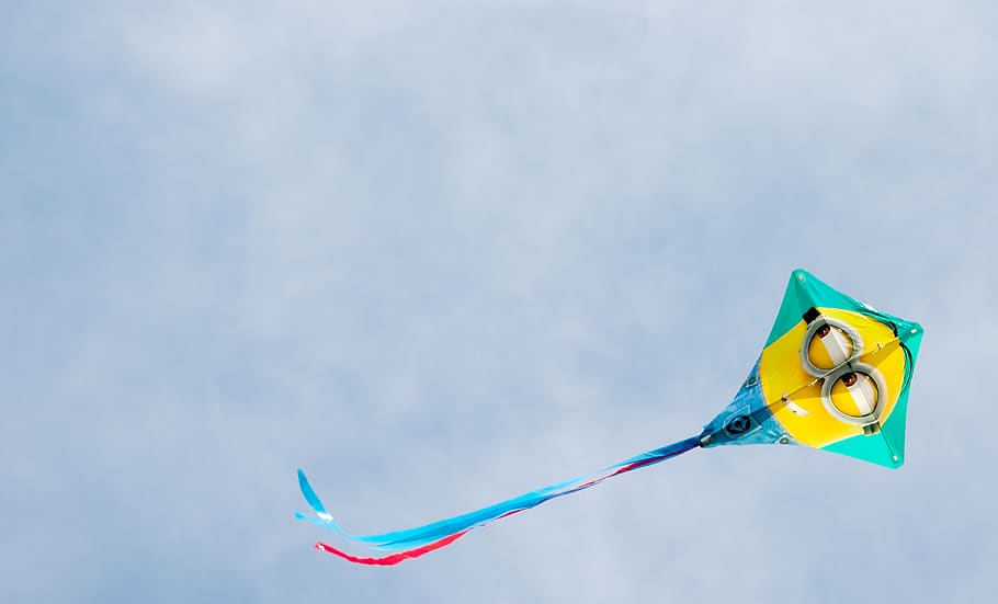 green and yellow Minions kite, studio shot, no people, blue, copy space HD wallpaper