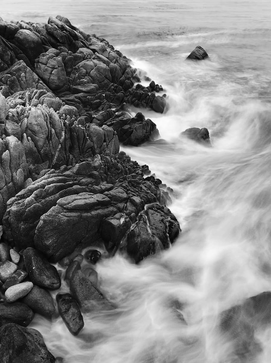 grayscale photography of cliff with ocean waves, blur, motion HD wallpaper