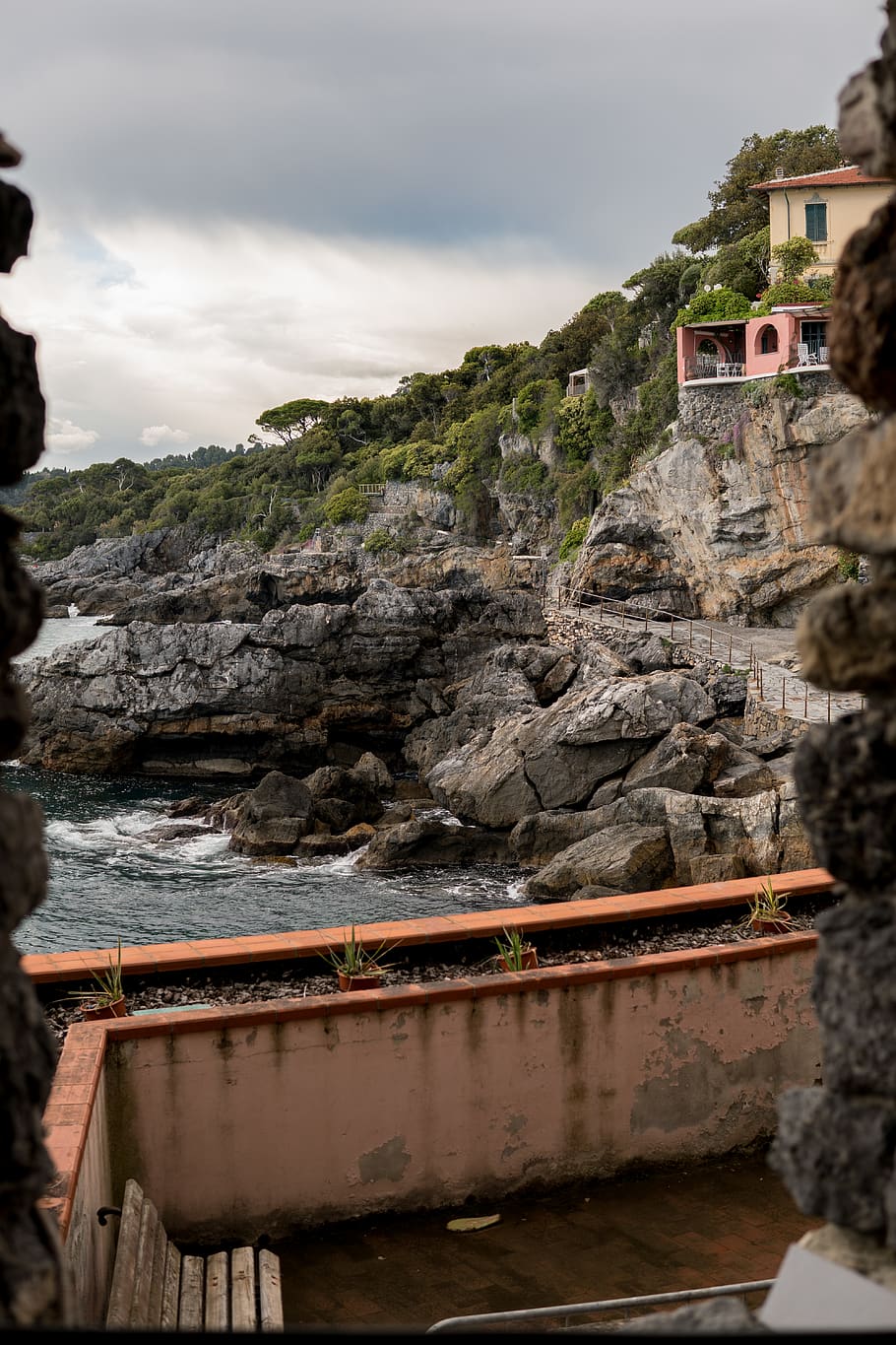 italy, ocean, coast, window, landscape, trees, green, bronze HD wallpaper