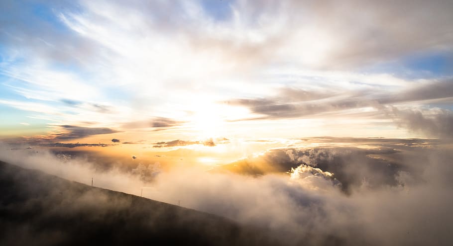 clouds above mountains during golden hour, cloud - sky, scenics - nature HD wallpaper