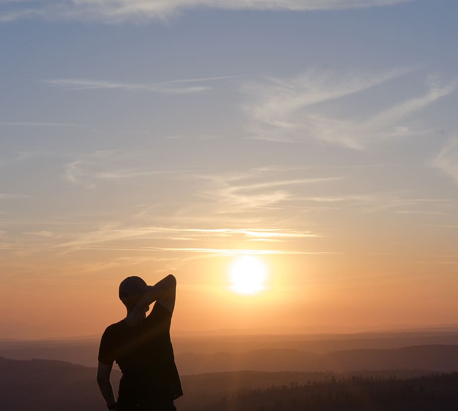 sunset, forest, silhouette, shadow, rock, nature, sky, real people HD wallpaper