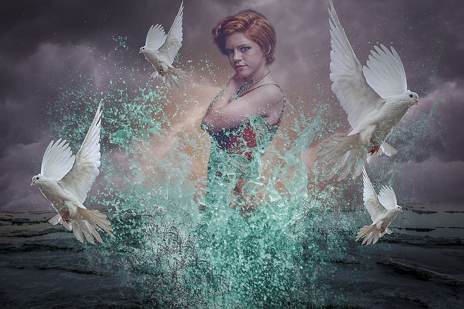 manipulation, white dove, icebergs, woman, water splash, storm clouds HD wallpaper