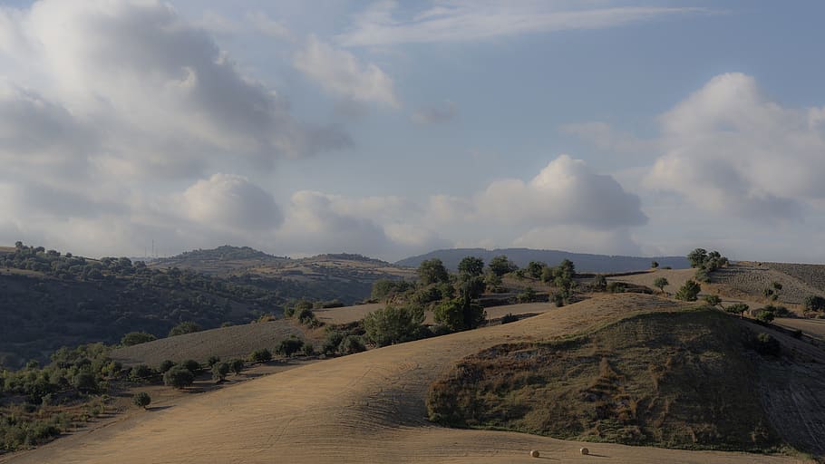italy, monterosso almo, sicily, hills, clouds, trees, sunset HD wallpaper
