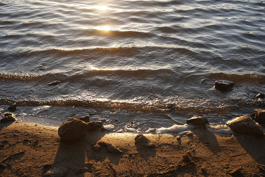lake, water, sunset, ripple, stones, pebbles, pond, san diego HD wallpaper