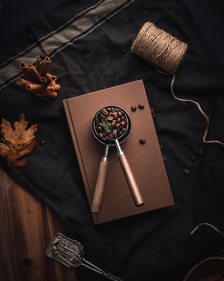 spoon of coffee beans, table, indoors, still life, high angle view HD wallpaper