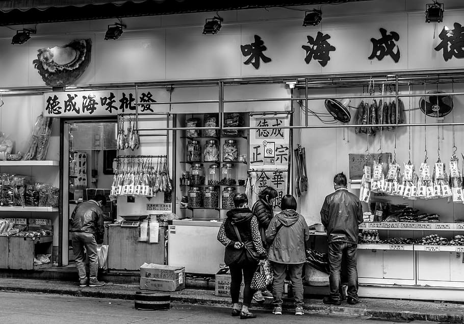 Grayscale Photography of People Standing in Front of Store, back view HD wallpaper