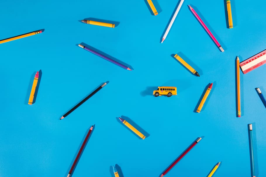 Colored Pencils & Crayons For School Photo, Flatlay, Colourful HD wallpaper