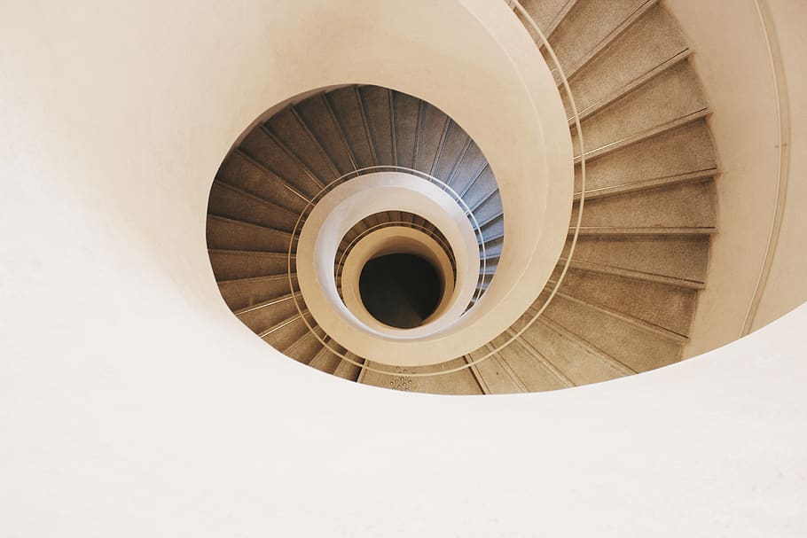 brown spiral stair, steps and staircases, spiral staircase, built structure HD wallpaper