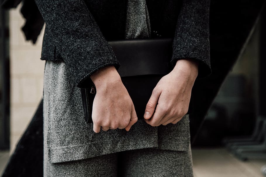 person holding handbag, apparel, clothing, human, finger, banister HD wallpaper
