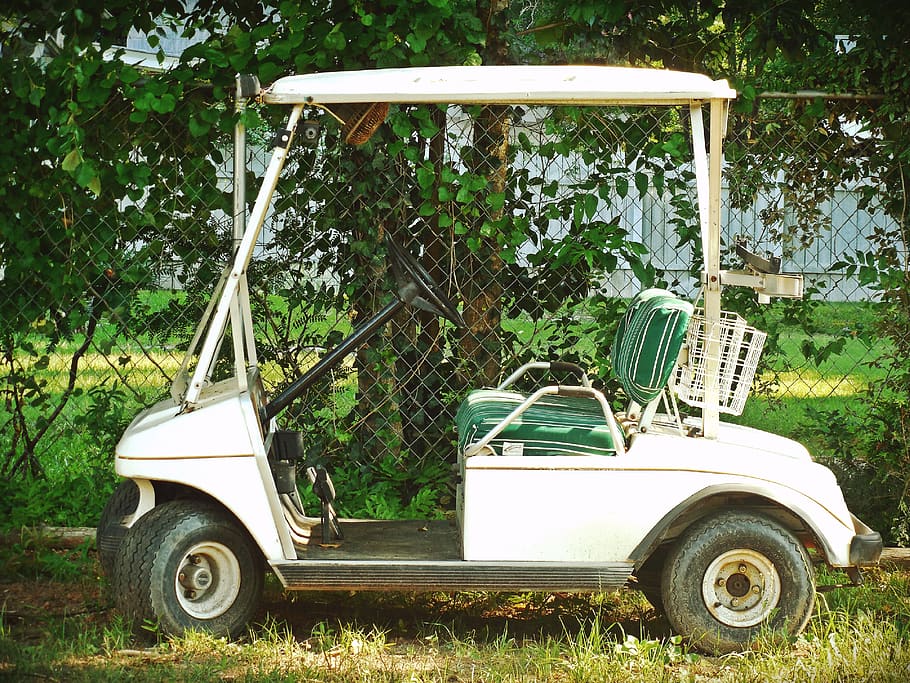golf, cart, green, white, parked, wheels, ride, drive, lawn HD wallpaper