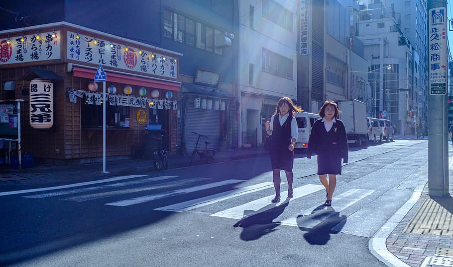city, street, building exterior, architecture, two people, full length HD wallpaper