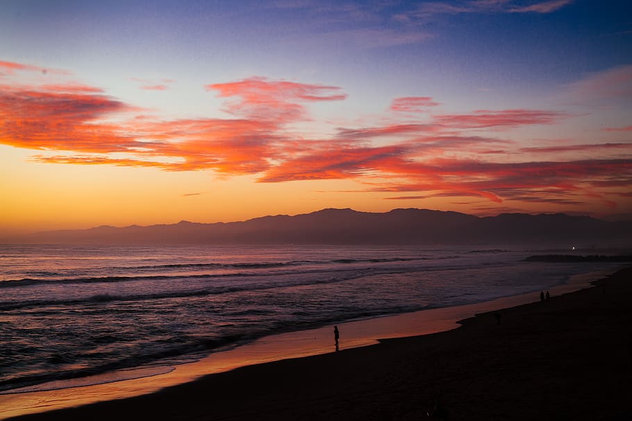 venice beach, united states, los angeles, sunset, clouds, tangerine skies, HD wallpaper
