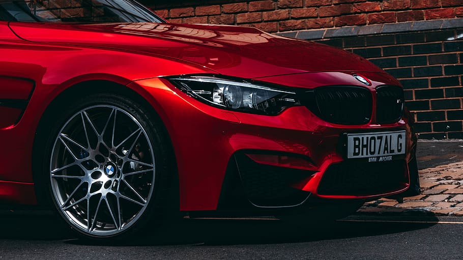 red BMW vehicle park on road, mode of transportation, motor vehicle HD wallpaper