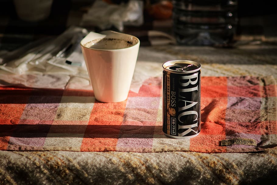 Black Boss Can on Top Beside White Mug, black coffee, caffeine HD wallpaper
