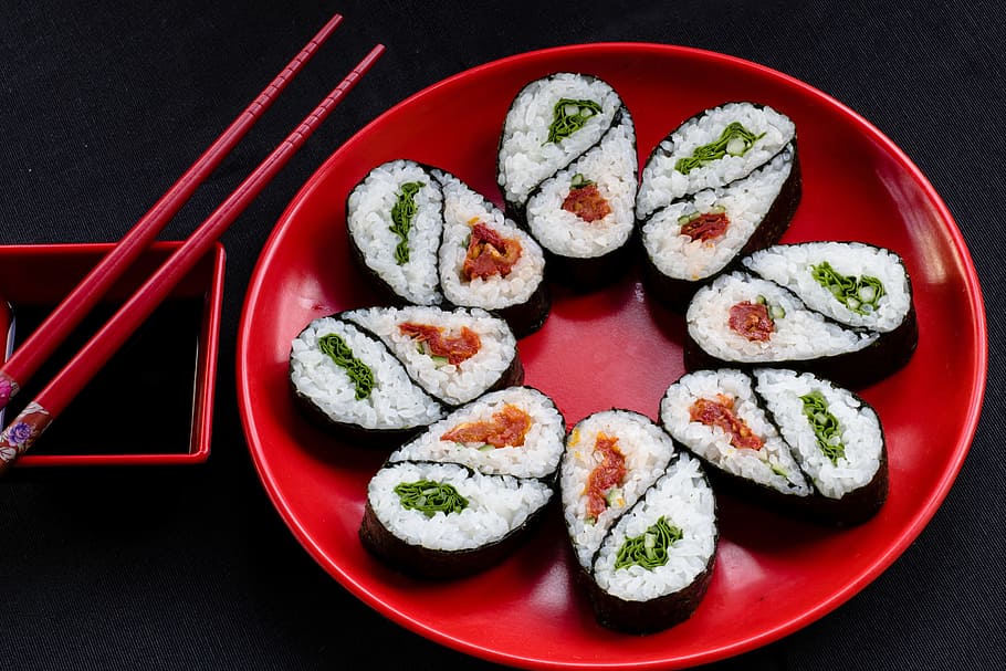 Sushi on Red Plate, food and Drink, hD Wallpaper, japanese food, HD wallpaper