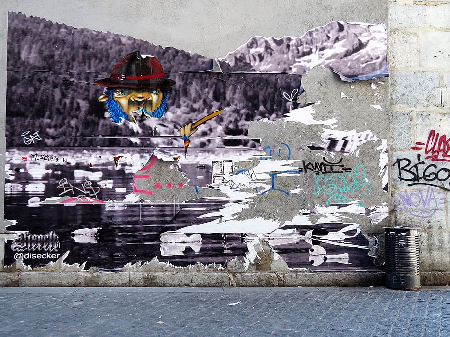 gray wall with mural and graffiti, cobble, art, street art, urban art