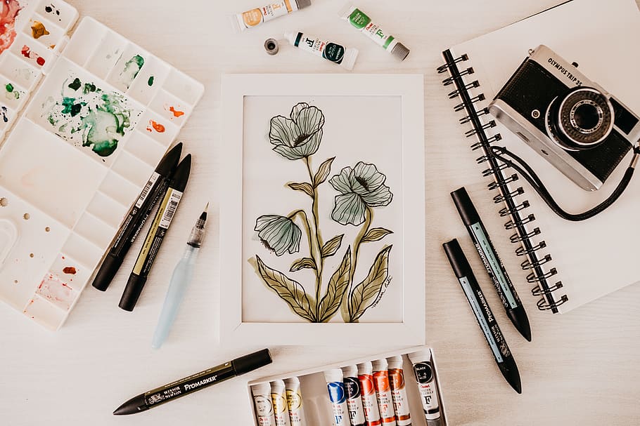 printer papers and markers, creativity, indoors, table, still life HD wallpaper