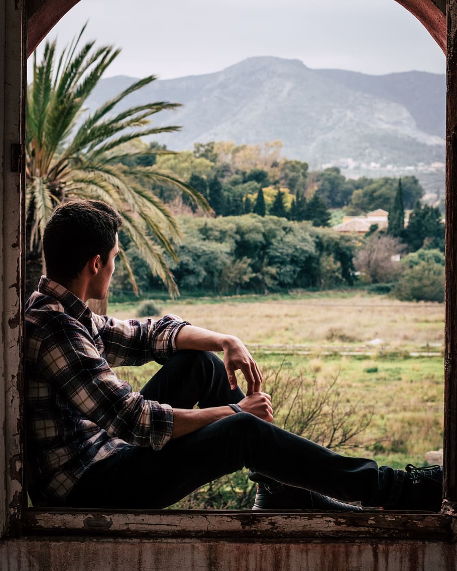 landscape, clothing, apparel, person, human, sitting, footwear HD wallpaper