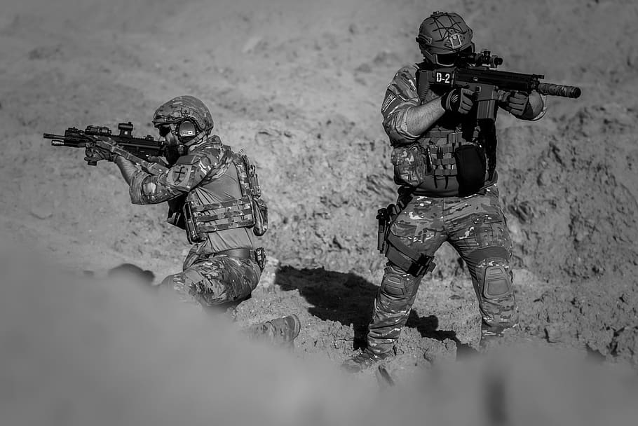 2 Person in Army Suit Grayscale Photography, action, battle, black-and-white, HD wallpaper