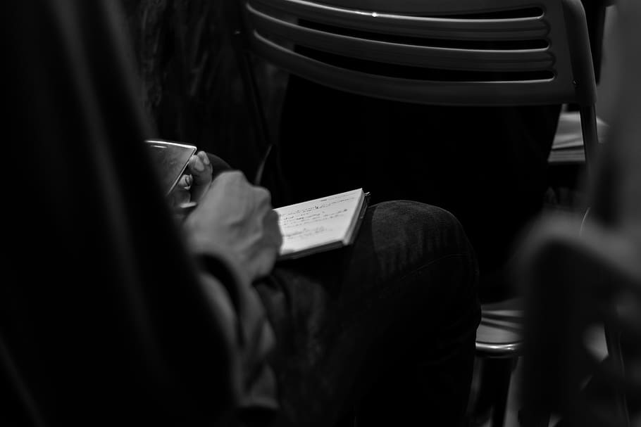 taking notes, moleskine, write, black and white, indoors, selective focus HD wallpaper