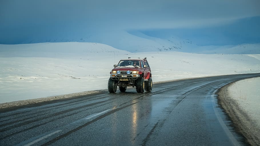 red car on road, offroad, iceland, jeep, transportation, vehicle