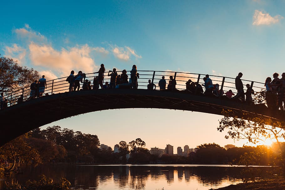 Silhouette Of People On Bridge Under Blue Sky , architecture HD wallpaper