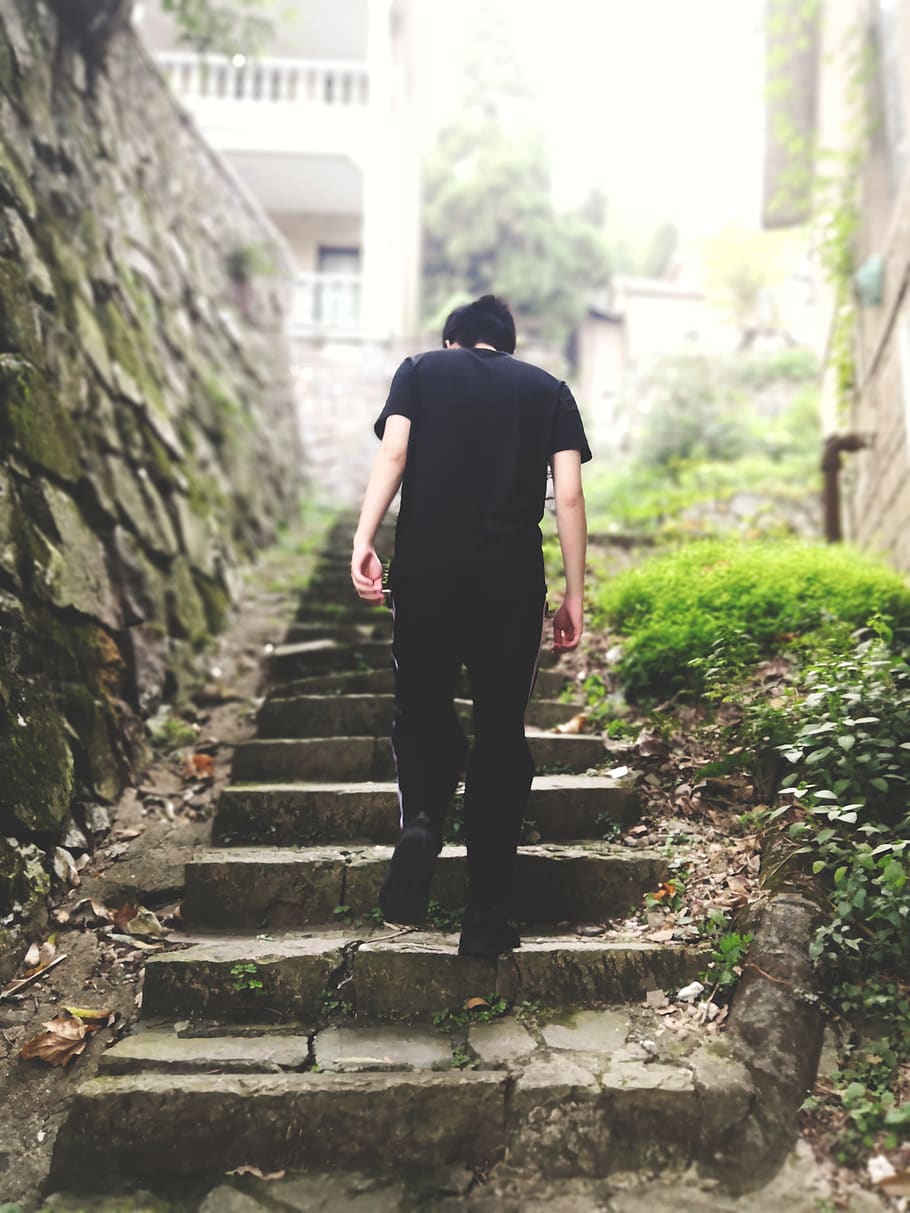 man walking on stairs, rear view, one person, full length, staircase HD wallpaper