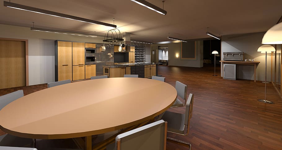 Round Brown Wooden Table and Chair Lot Beside Kitchen Area, architecture HD wallpaper