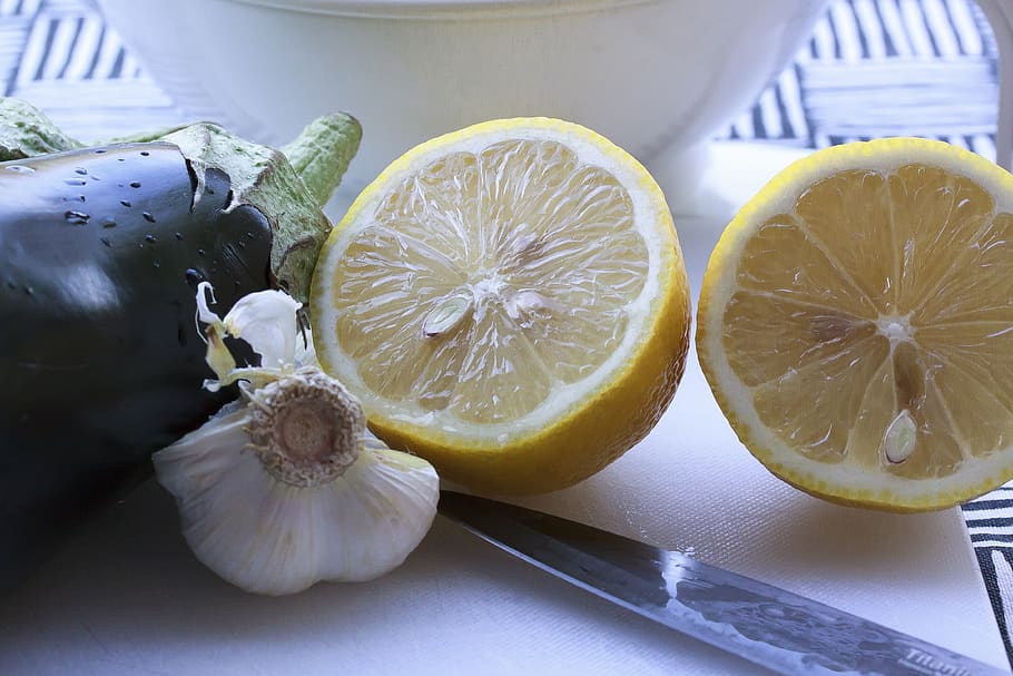 eggplant, lemon, garlic, lemon squeezer, knife, cutting board HD wallpaper