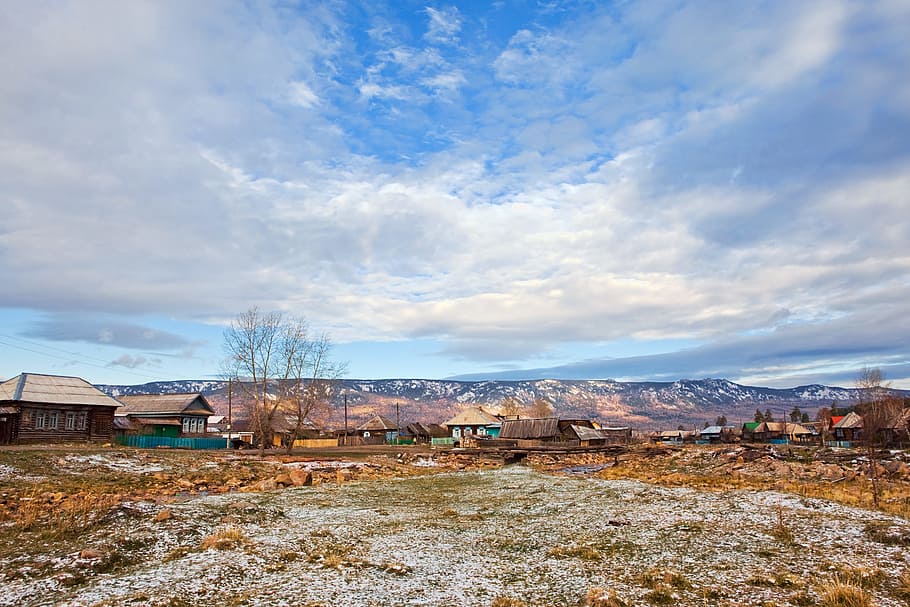 sky, clouds, blue, nature, landscape, houses, view, cloud - sky HD wallpaper