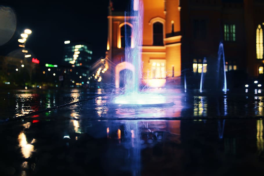 Lighted Water Fountain at Night, architecture, blur, building HD wallpaper