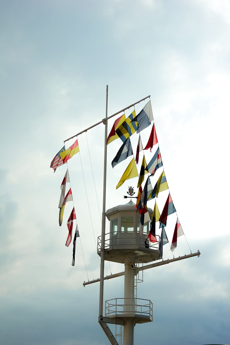 flag, pier, harbour, watch, tower, sky, cloud - sky, nature HD wallpaper