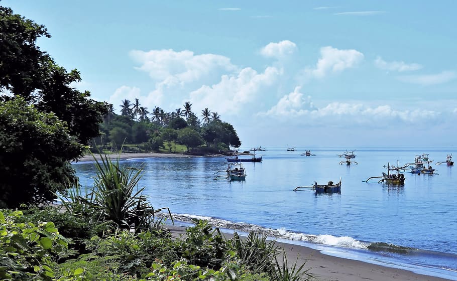 fleet, beach, sea, bali, water, sky, tree, plant, cloud - sky HD wallpaper