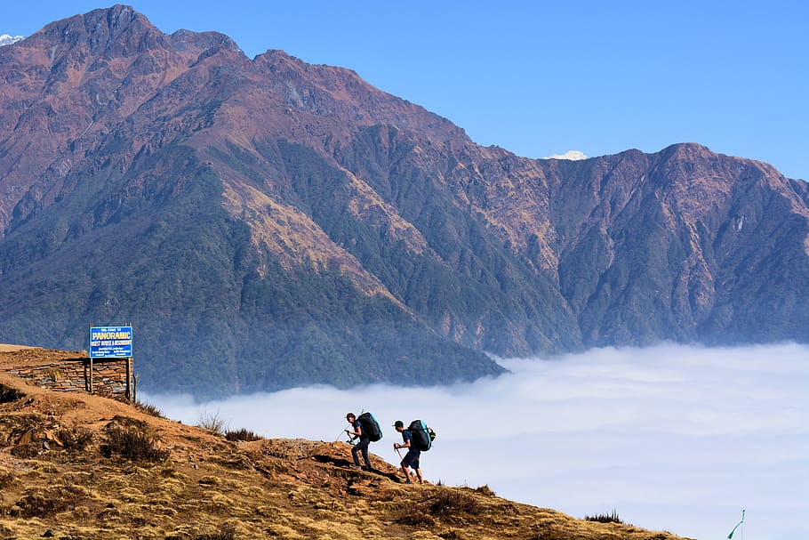 trek, mountain, nepal, trekkers, trekking, hiking, hiker, people, HD wallpaper