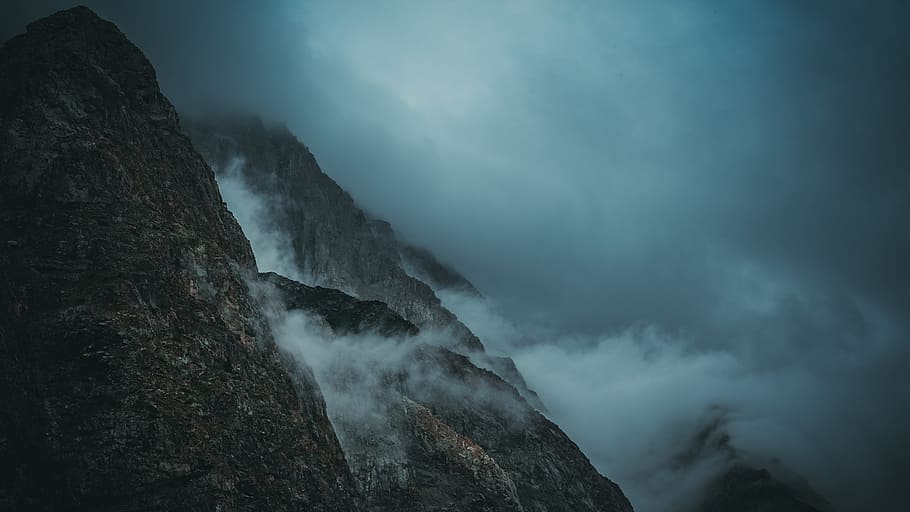 mountain covered with clouds, sky, mist, fog, storm, landscape, HD wallpaper
