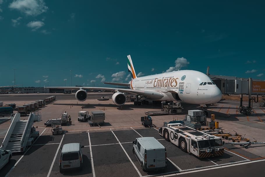 white Emirates plane, transportation, mode of transportation HD wallpaper