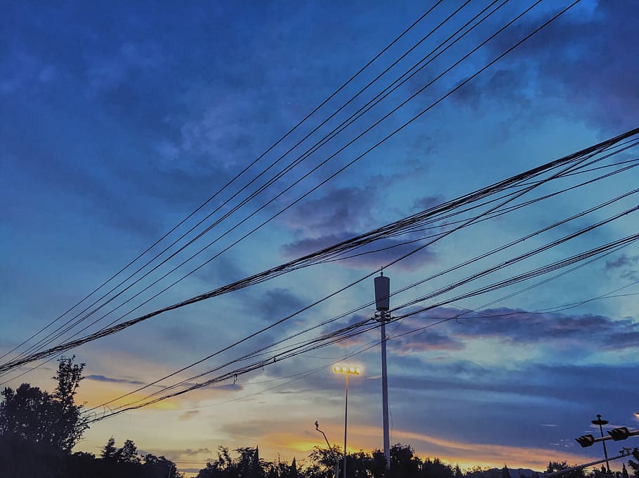 cable, sky, cloud - sky, power line, electricity, technology HD wallpaper