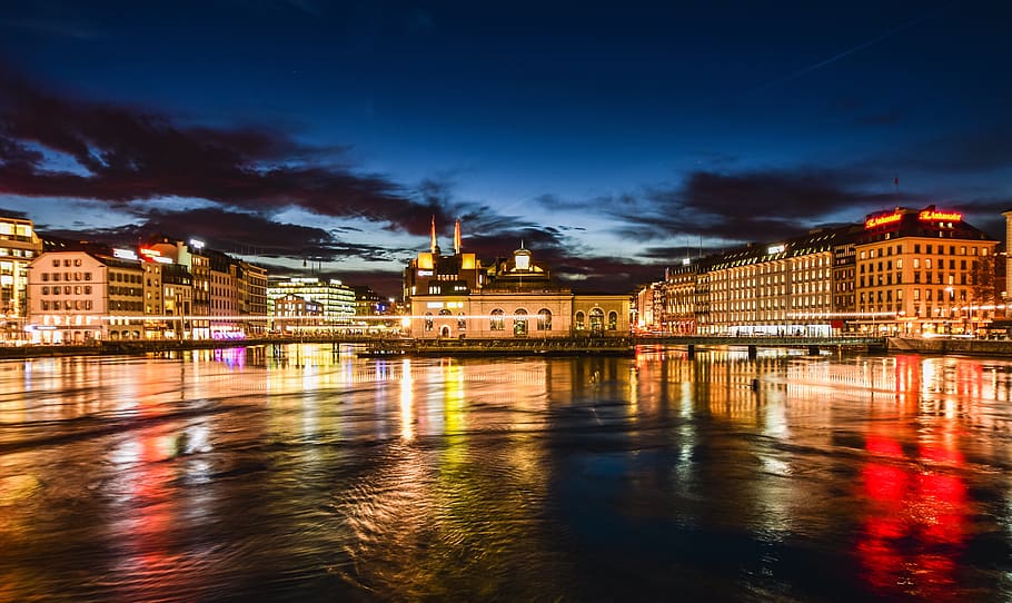 city, river, lights, reflection, twilight, urban, bridge, buildings HD wallpaper