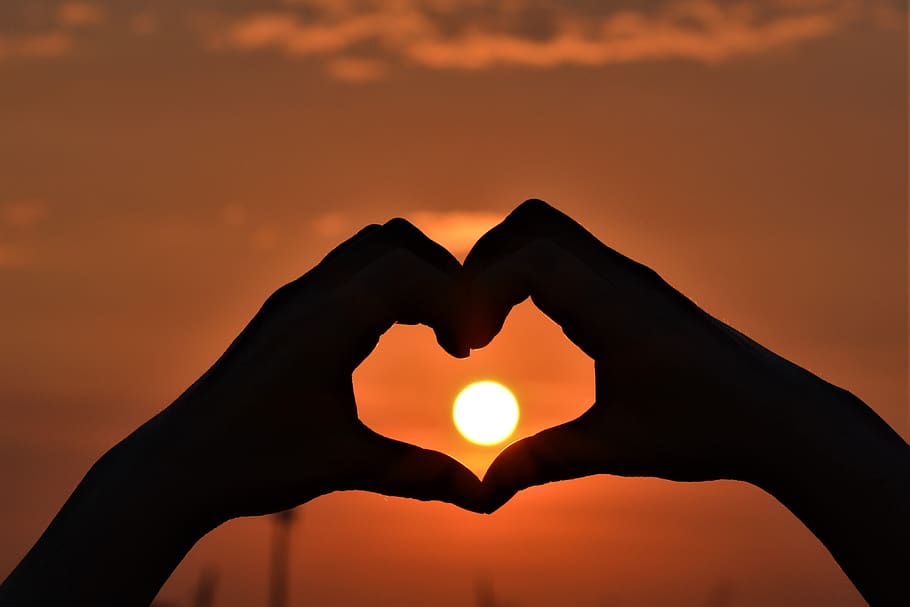 sunset, heart, hands, love, romantic, symbol, relationship