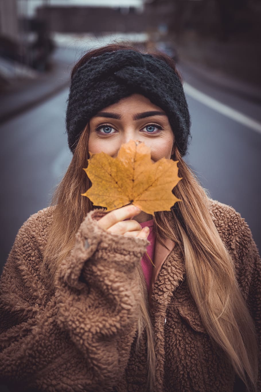 woman covering her face with maple leaf, plant, apparel, clothing, HD wallpaper
