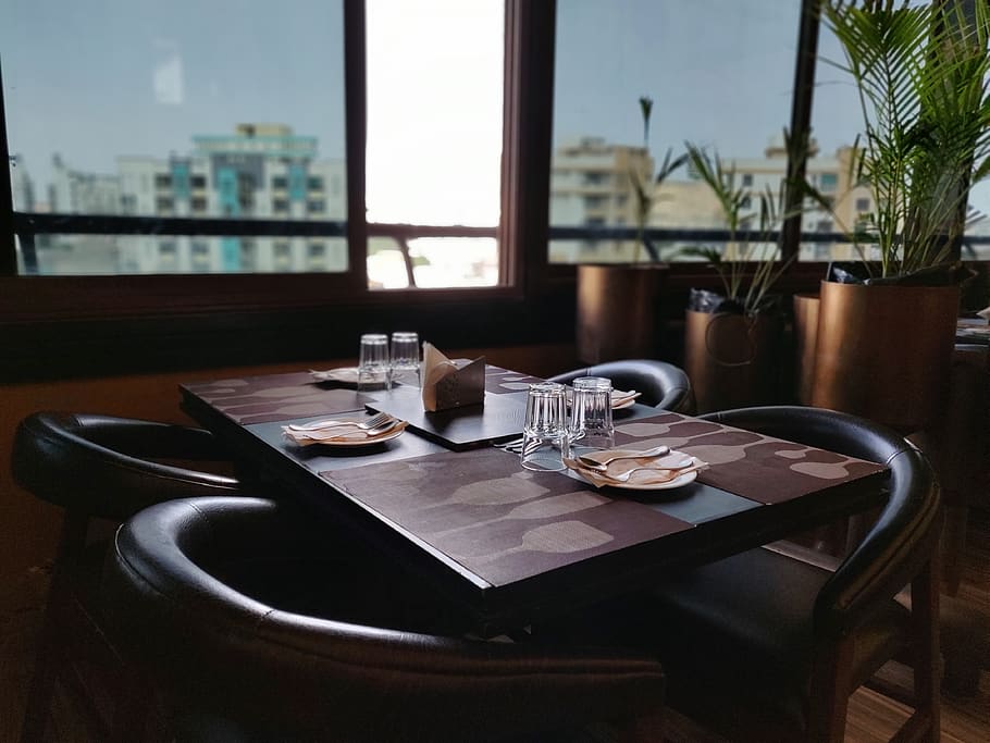 Brown Wooden Table, chairs, indoors, restaurant, room, seat, window HD wallpaper