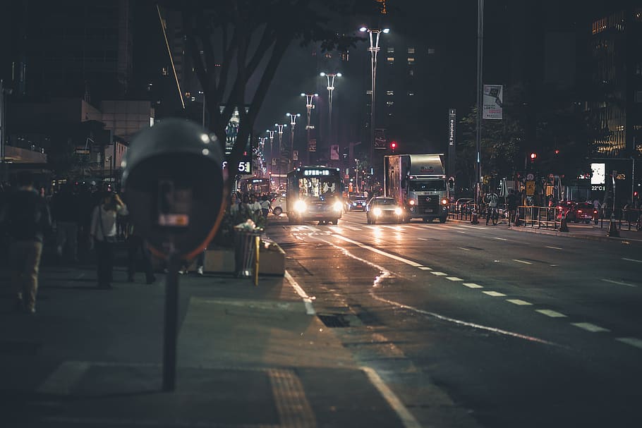 vehicles passing road, night, outdoors, lighting, urban, city HD wallpaper