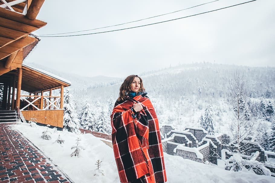 woman using red and black comforter, nature, house, outdoors HD wallpaper